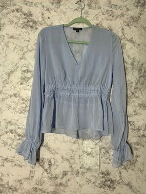 Express Pale Blue V-Neck Smocked Peplum Blouse